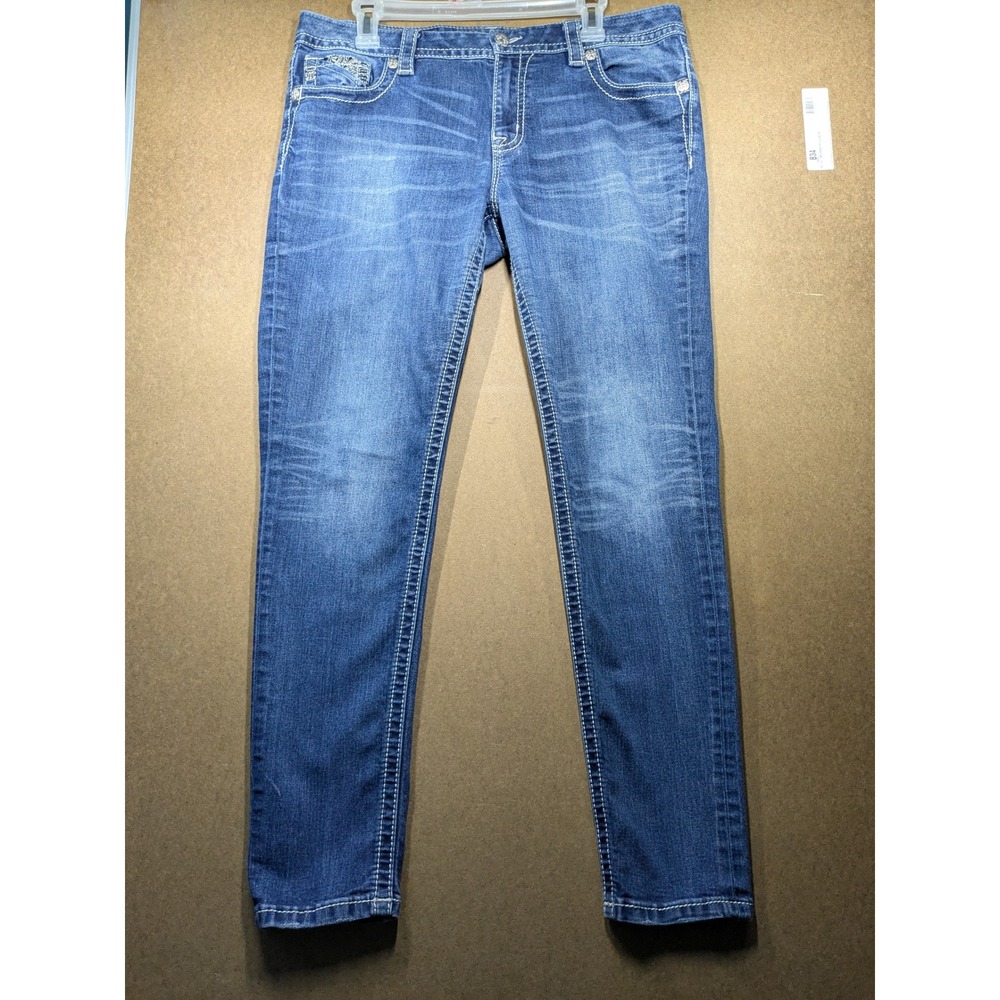 Miss Me Easy Skinny Jeans Womens 32 Mid Rise Fleur De Lis Embroidered Blue Denim